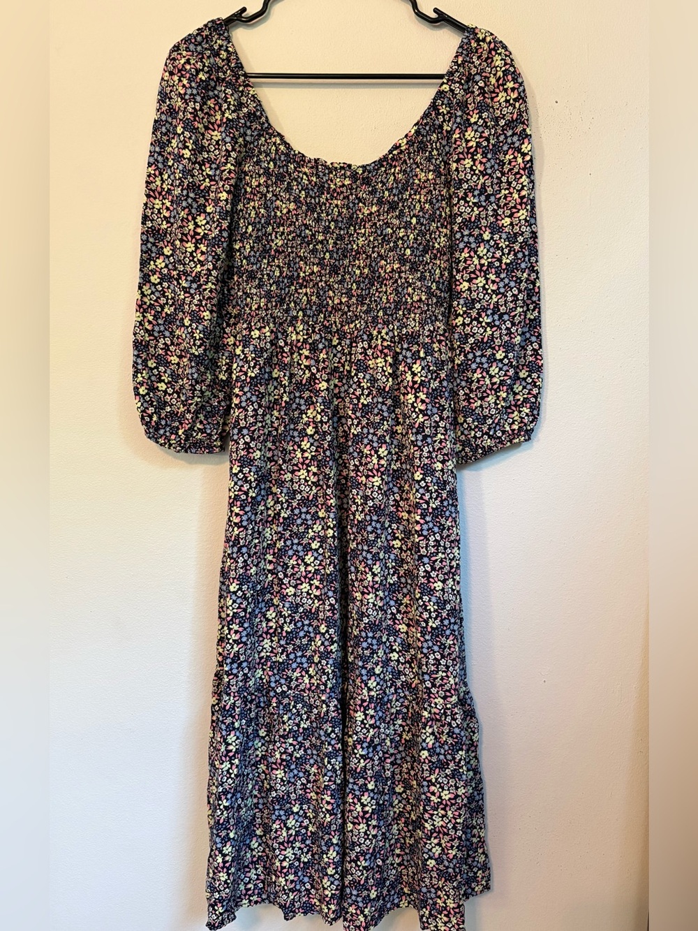 GAP Navy Floral Smocked Midi Dress with Puff Sleeves Cottagecore EUC Size S - Picture 2 of 14
